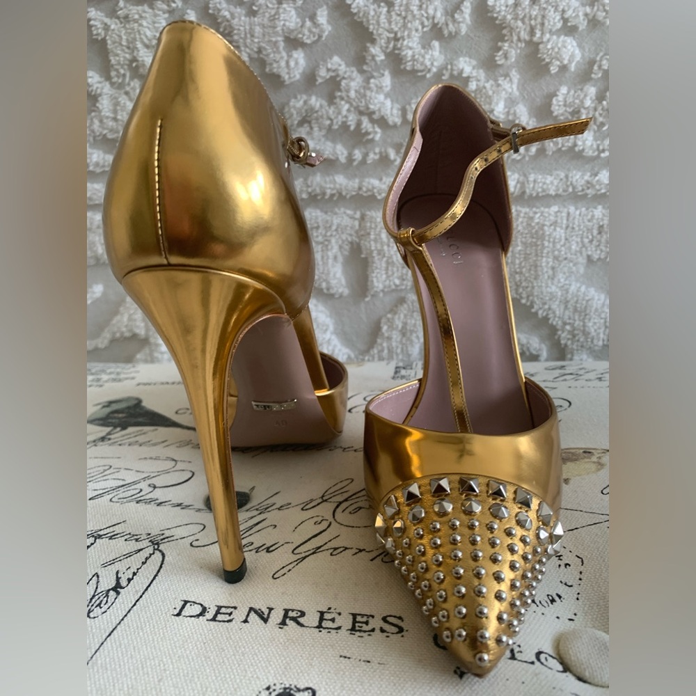 FINAL PRICE NWT GUCCI Gold Shoes: Leather, T-Strap, Studs, Heel 4.5”, Size 40